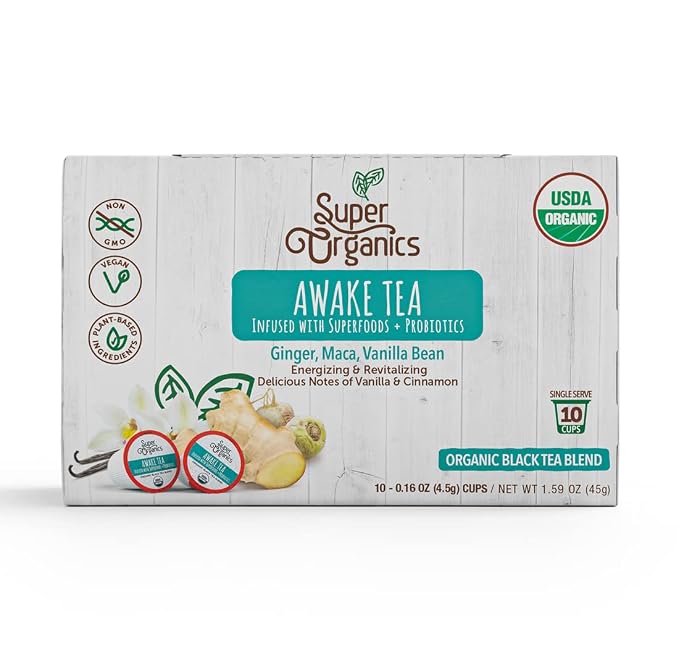 Super Organics Awake Black Tea Pods With Superfoods & Probiotics Keurig K-Cup Compatible Energy, Revitalizing, Refreshing Chai Tea k Cups, USDA Certified Organic, Vegan, Non-GMO, Natural & Delicious, 10ct