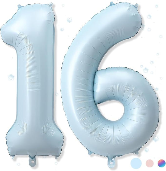 Big Number 16 Balloons, Light Matte Blue Foil 16 Balloon Numbers 40 Inch, Giant 16th Birthday Party Decor, Pastel Baby Powder Blue Mylar Self Inflating Balloon for Boys Men Anniversary Decorations