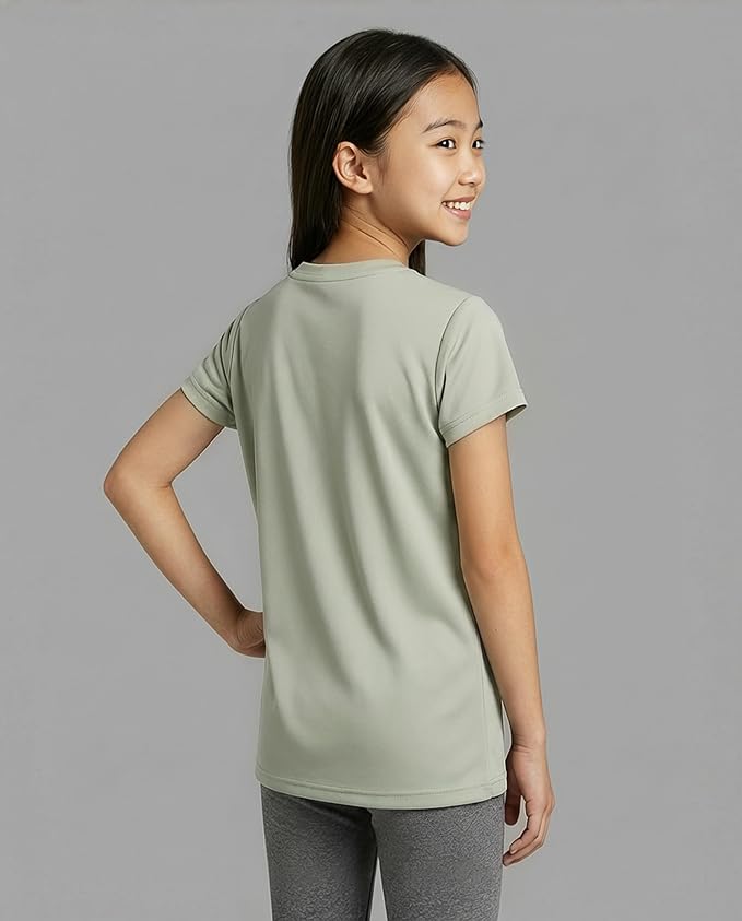 Real Essentials 5 Pack: Girls' Short Sleeve Dry-Fit Athletic T-Shirt - Active Gym Crew Neck Tops for Teens Kids (Ages 4-16)