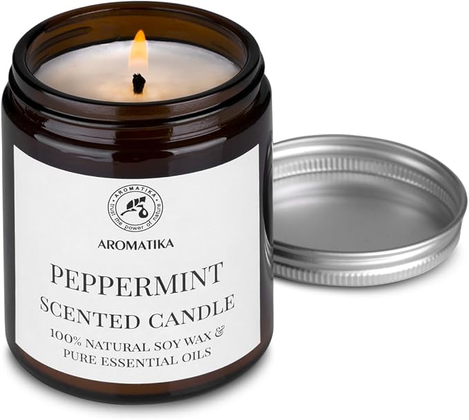 Scented Candle Peppermint - Soy Wax Candles with Essential Oil - Aromatherapy Candle - Soywax 150g - Up to 45 Hours Burn Time - Home Scented Candles - Glass Candle Gift