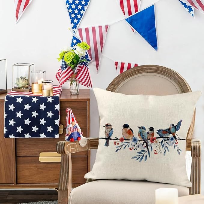 RABUSOFA 4th of July Memorial Day Patriotic Throw Pillow Cover,20x20 Inch Red White and Blue Birds Flowers Independence Day American Fourth of July Decoration for Sofa Couch