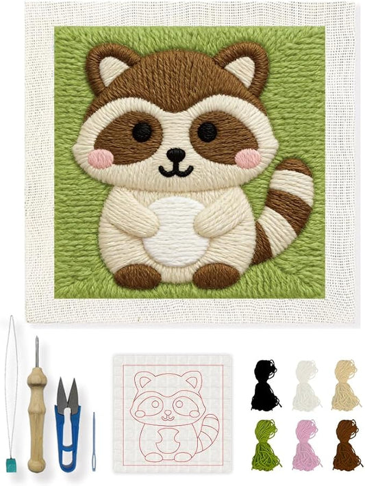 INFUNLY Raccoon Punch Needle Embroidery Kit, Complete All-in-One DIY Punch Needle Kit for Adults Beginners, 9.4x9.4 Inch Animal Embroidery Kits with Tools Instruction for Home Wall Decor