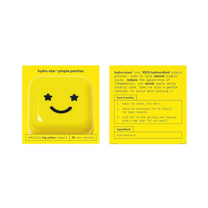 Starface Hydro-Star Pimple Patches + Big Yellow Compact, Clinically Proven Spot Shrinking in 6 Hours, Absorb Fluid and Reduce Redness, Hydrocolloid, Vegan and Cruelty-Free Skincare (32 Count)