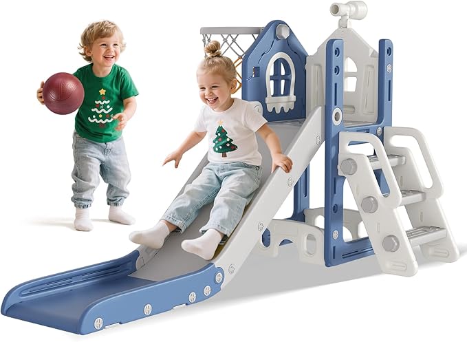 BIERUM 6 in 1 Toddler Slide - L-Shaped Baby Slide for Toddlers Aged 1-3 with Basketball Hoop, Telescope Toy and Anti-Slip Pads, Indoor Outdoor Toddler Playset, Blue Gray