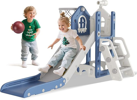 BIERUM 6 in 1 Toddler Slide - L-Shaped Baby Slide for Toddlers Aged 1-3 with Basketball Hoop, Telescope Toy and Anti-Slip Pads, Indoor Outdoor Toddler Playset, Blue Gray
