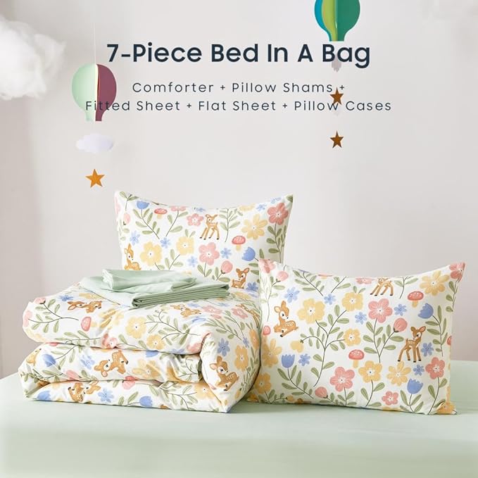 Wake In Cloud - Floral Bedding Set for Girls, Cute Colorful Botanical Flowers Deers Patterned Soft Lightweight Comforter Set with Sheets, 7 Pieces Kids Bed in a Bag, Green Cream, Full Size