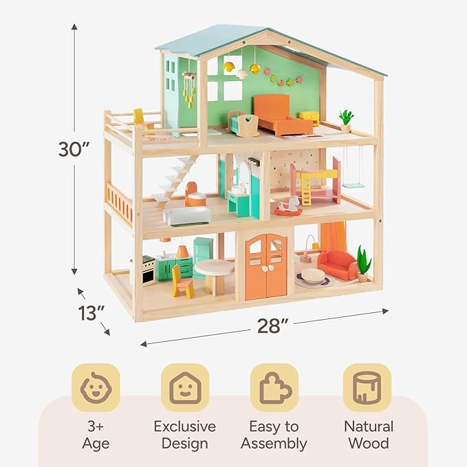 Giant bean Large Wooden Dollhouse with 32 Pcs Furniture Accessories, 3-Story Doll House 5 Rooms Balcony Wooden Stairs, Ideal Dollhouse Toy for Kids Ages 3+, 30" H x 28" L x 13" W