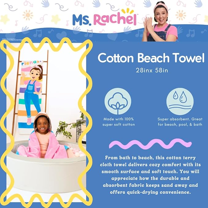 Ms. Rachel Kids Super Soft Cotton Bath/Pool/Beach Towel, 58 in x 28 in, (Officially Licensed Product) by Franco