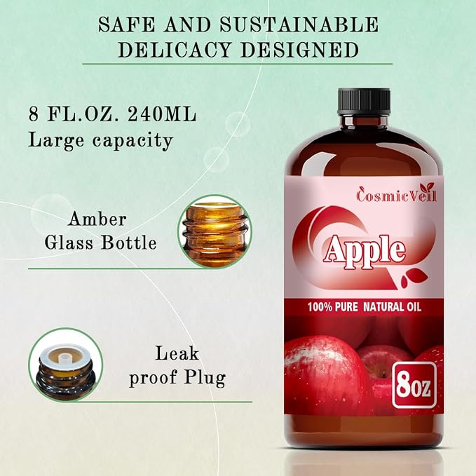 Apple Essential Oil Apple Oil for Aroma Diffuser,Humidifier,Home Fragrance,Cleaning,Body Care,Massage,Yoga,DIY Candle,DIY Soap CosmicVeil（Apple，8 Fl Oz (Pack of 1)）