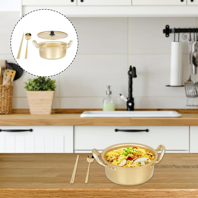 DOITOOL Korean Noodle Pot, Korean Ramen Cooking Pot with Lid Spoon and Chopsticks, Korean Ramen Noodle Pot for Cooking, Soup, Pasta, Stew and More