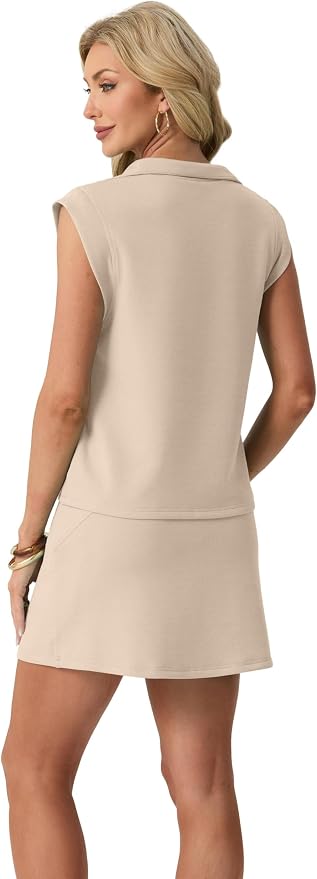 GRECERELLE Women's 2026 Summer 2 Piece Skort Sets Cap Sleeve Zip Collared Top Matching Tennis Skirt with Pockets for Athletic