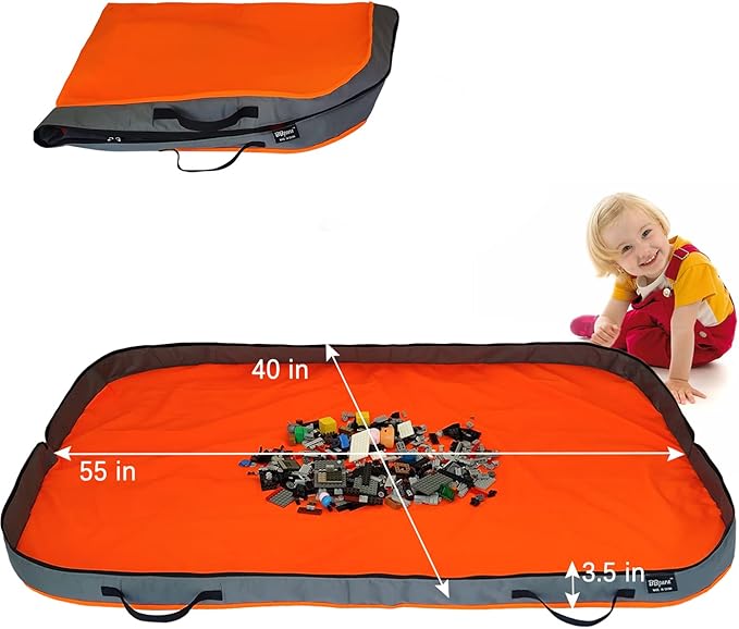 Toy Storage Basket Play Mat for Building Bricks & Blocks - Toy Storage Bags Play Mat with Zipper - Easy use to keep the Kids Rooms neat & tidy - 55 Inches Large size - Orange