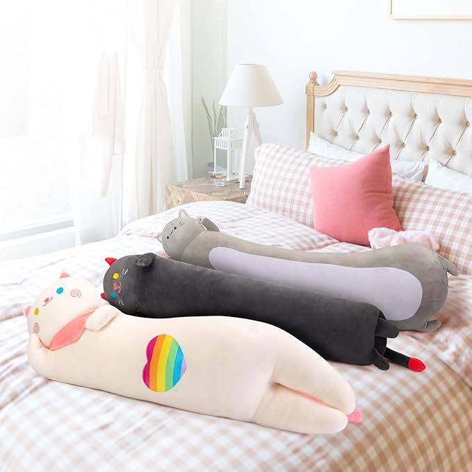 Long Cat Plush 5 Sizes, 120% Extra Filling Giant Plushness Kids Body Pillow, Kawaii Cute Black Cat Stuffed Animals Plushies, Big Long Body Pillow Cat Plush Gift for Girls 20”
