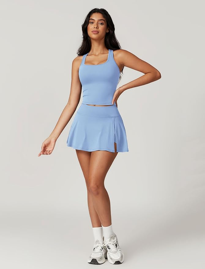 ABOCIW 2 Piece Tennis Dresses for Women Side Slit Mini Skirt Set Racerback Workout Crop Tank Top Golf Outfits