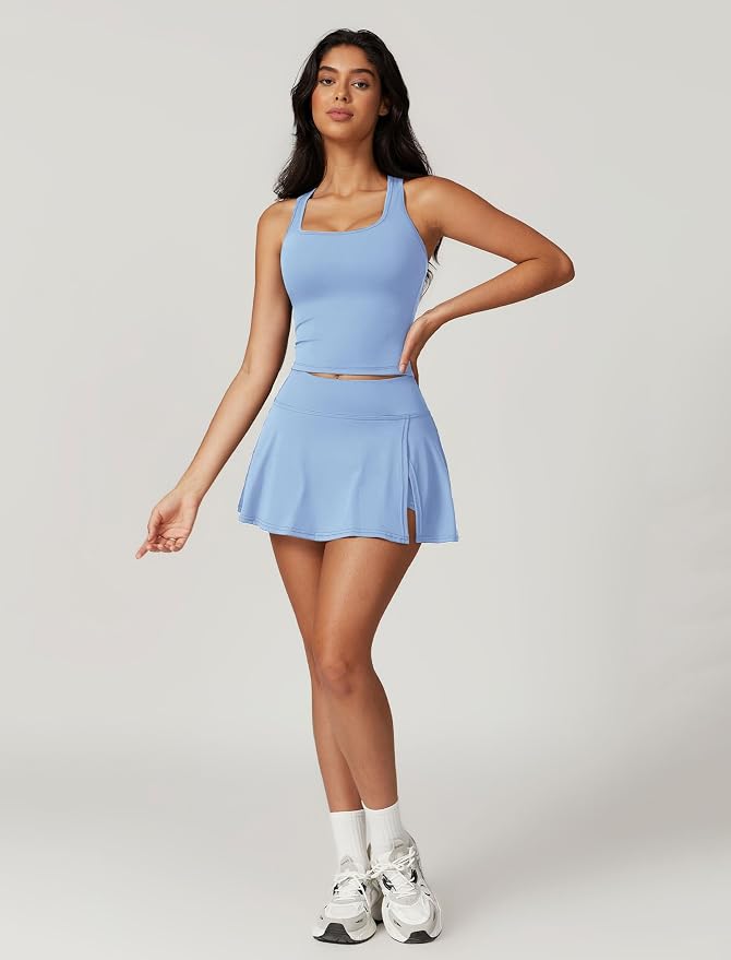 ABOCIW 2 Piece Tennis Dresses for Women Side Slit Mini Skirt Set Racerback Workout Crop Tank Top Golf Outfits