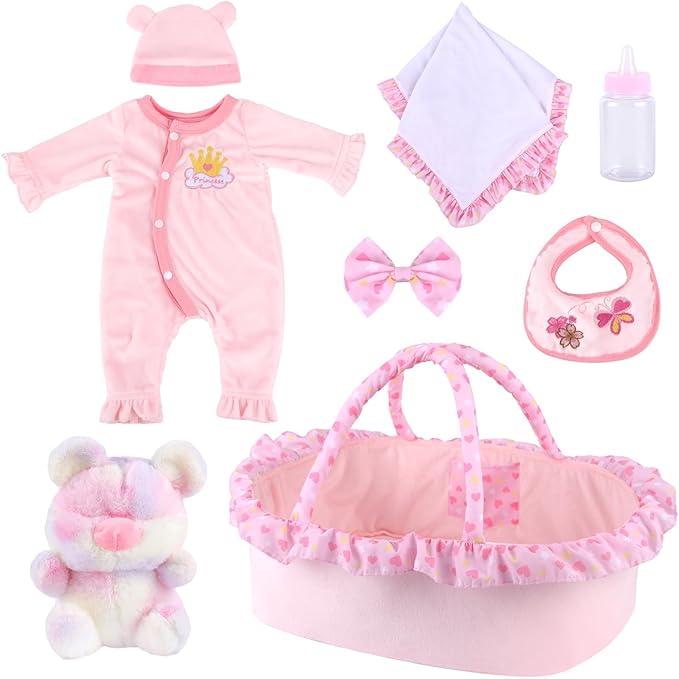 BABESIDE 8 Pcs Reborn Baby Doll Clothes with Bassinet for 17-22 Inch Babydolls, Reborn Baby Doll Accessories and Baby Dolls Clothes fit Newborn Baby Dolls Girl, Pink