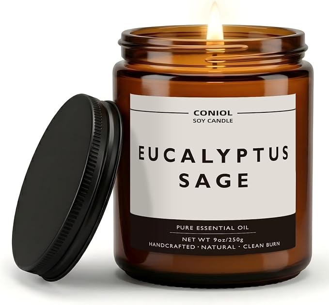 Eucalyptus Sage Scented Candles for Home, Natural Soy Wax Candle with Essential Oils, 9oz Amber Jar Aromatherapy Candel, 50H Long & Non-Toxic Burning, Hand Poured, Giftable, Relaxation, Spa