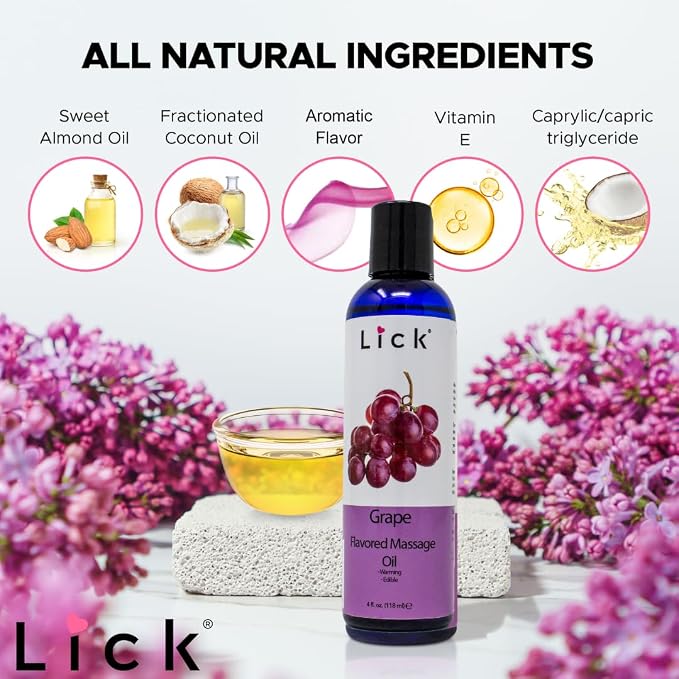 Lick Grape Flavored Massage Oil – Sweet Fruit Edible Massage Oil with Sweet Almond Oil & Vitamin E, Smooth Glide for Relaxing Couples Massage Sessions, 4 oz