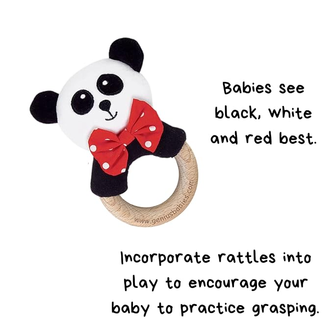 Baby Rattle in High Contrast Colors, Baby Rattles & Plush Rings with Cute Panda Plush, 5", Wooden Infant Toy, Perfect Size for Small Hands, Teach Grasping, Nontoxic, 0-3 Months Newborn, Infant Toys