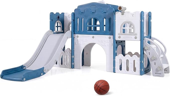 Costzon 8 in 1 Toddle Slide Playset, Freestanding Kids Slide w/Tunnel, Basketball Hoop, Toddler Climber Slide Playset Indoor Playground for Kids 1-3 w/Storage Space, Gifts for Boys Girls (Blue)
