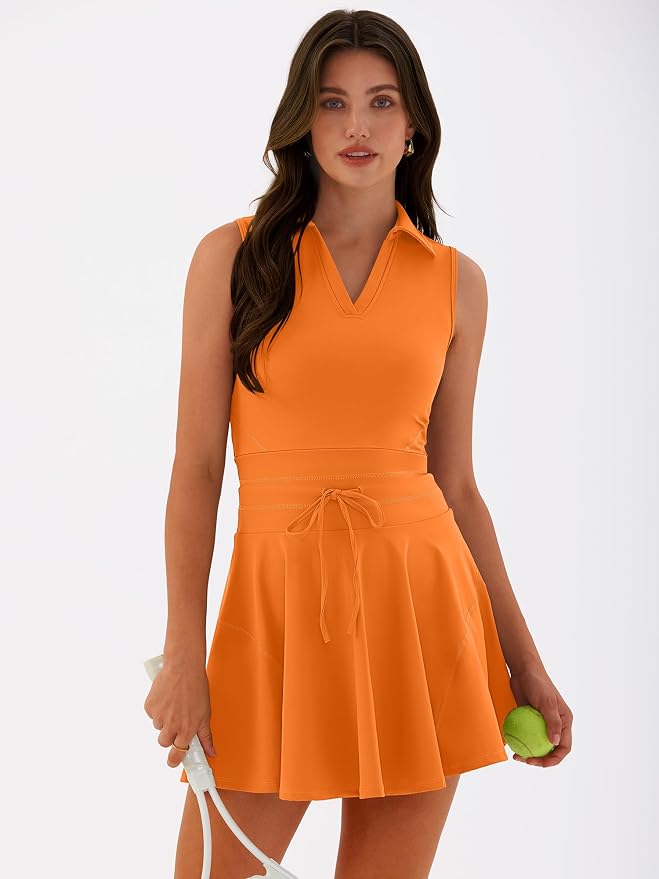 Caracilia Women's 2 Piece Tennis Dress Set-Polo Neck Sleeveless Mini Dresses with Shorts,Golf Casual Workout Athletic Sports