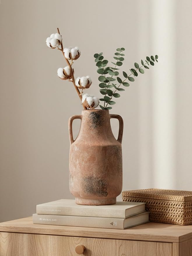 Kanwone Ceramic Vase with Handles, 11 Inch Tall Flower Vase for Centerpieces, Decorative Farmhouse Rustic Vase, Large Terracotta Vases for Home Decor, Living Room, Kitchen, Table, Mantel, Retro
