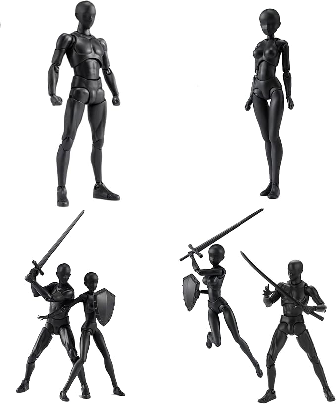Action Figures PVC Model (Black Color) with Box Drawing Figure Models for Artists(Female+Male)