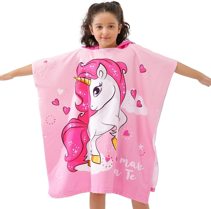 NovForth Kids Beach Towel for Boys Girls, Pink Unicorn Hooded Bath Towel Wrap, Toddler Pool Towel with Hood