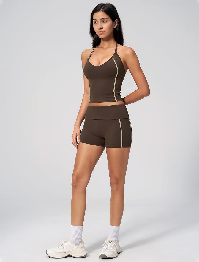 QBGJTD Women 2 Piece Workout Set Color Block Open Back Halter Top and High Waist Booty Lifting Shorts Yoga Outfit