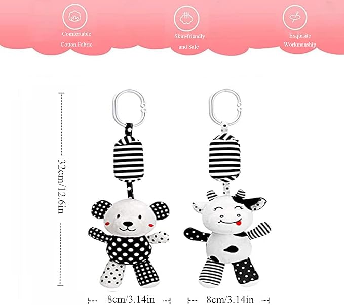 Baby Car Seat Toys, Black White Stroller Toy, Hanging Rattle Toys for Crib Mobile, Newborn Sensory Toy for 0-12 Months (Calf/Panda)