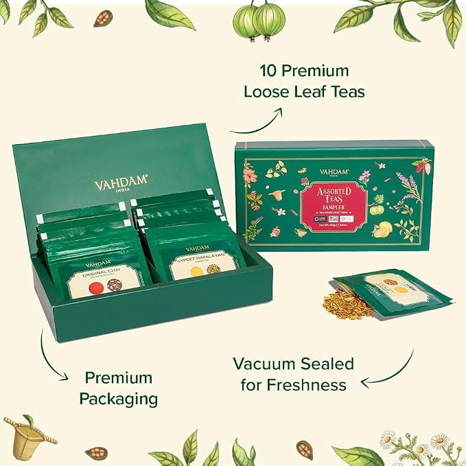 VAHDAM, Assorted Loose Leaf Chai Tea Sampler (10 Flavors, 50+ Servings) | Indian Exotic Masala Chai Tea Blends | Resealable Ziplock Pouch | Vacuum Sealed For Freshness