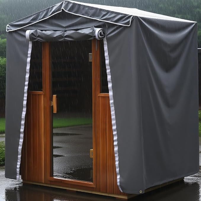Outdoor Sauna Cover for 4-Person, 3-Layer Oxford Protective Cloth, Hook & Loop Roll-Up Door, Temp Retention & Dustproof - (Only Fits 68.1*52.4*82.7 In & Smaller Outdoor Hillside Roof Saunas )