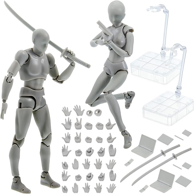 Yookeer Body Set, Drawing Action Figures Female and Male PVC Drawing Doll Human Model Figure with Joints for Artists(Gray)