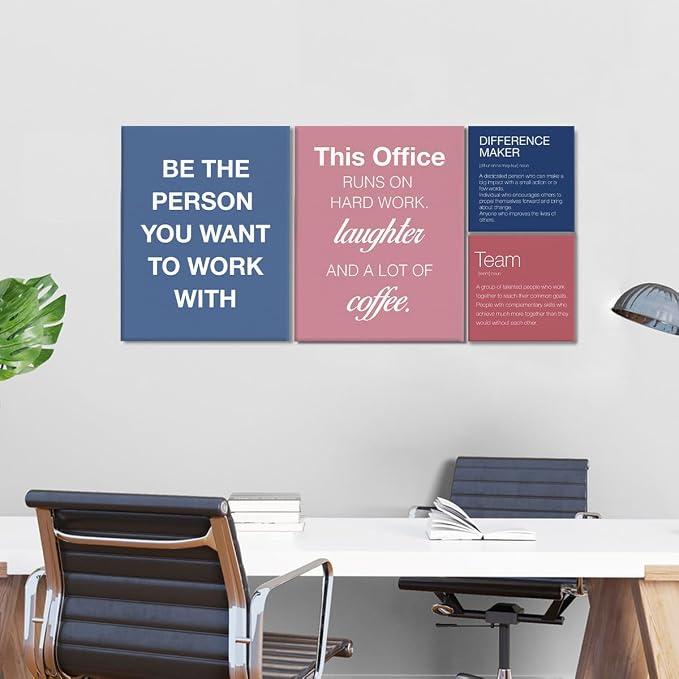 YEOION Motivational Office Wall Art,Inspirational Teamwork Wall Art for Office,Light Pink and Blue Positive Teamwork Wall Decor for Workplace Set of 6