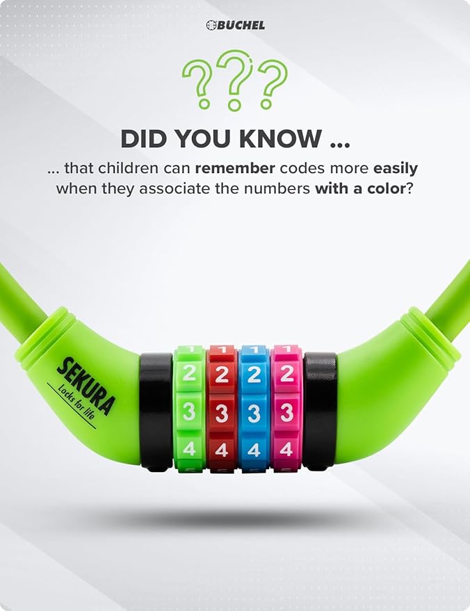 Büchel Bike Locks Cable for Kids - Colorful & Keyless - Secure Your Child's Bike - Easy-to-Use Bicycle Accessory, High Security 5 Digit Resettable Combination Coiling Bicycle Lock, Anti Theft