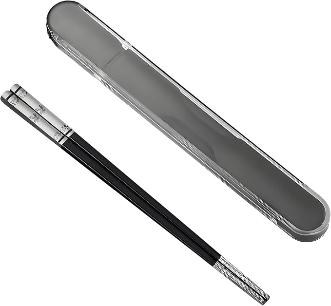 Portable Chopsticks, Reusable Metal Stainless Steel, Black Eagle | 1 Pair, Travel Chopsticks with Case, Titanium Plated, Dishwasher Safe