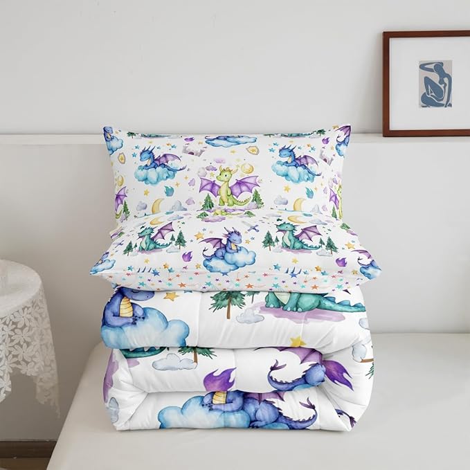 Feelyou Dragon Comforter Set Twin Size Cute Comforter for Boys Girls Teens Kawaii Bedding Set Dragon Stuff Duvet Set Room Decor White Quilt Set