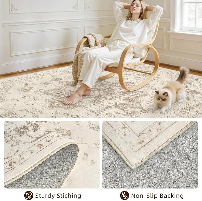 Round Area Rug for Living Room: 8ft Vintage Boho Neutral Washable Circle Rug Soft Large Circular Carpet for Bedroom Nursery Farmhouse Dining Room Office Floor Non-Slip Low Pile Under Table Beige/Ivory