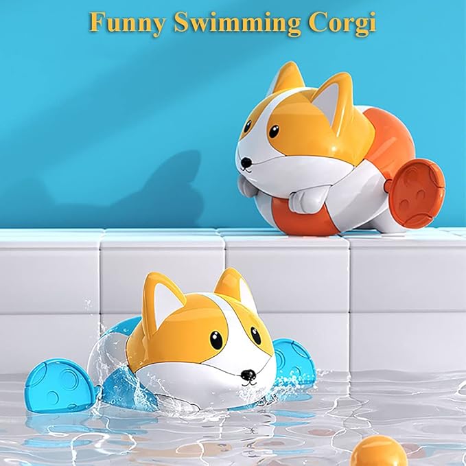 Bath Toy Pull and Go Corgi Bathtub Toy Windup Swimming Corgi Po String Tub Toy Rowing Puppy Floating Water Toy for Boys and Girls (Blue)