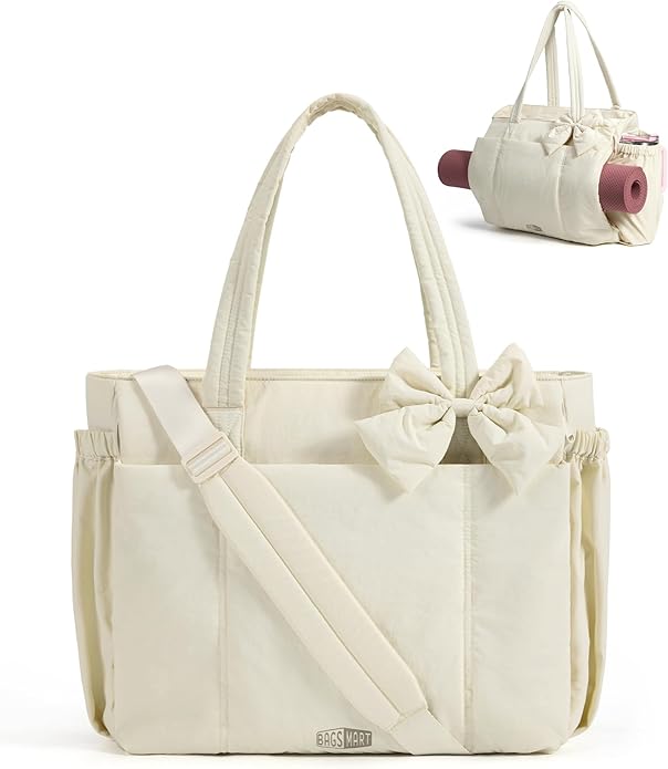 BAGSMART Crush Bow Tote Bag for Women, Puffer Travel Work Yoga Laptop Bag | Large Bow Tote Fits 40oz Tumbler, 15.6" Laptop, Yoga Mat Sleeve, Waterproof Pocket, Travel Work Swim Gym Mom Shoulder Handbag