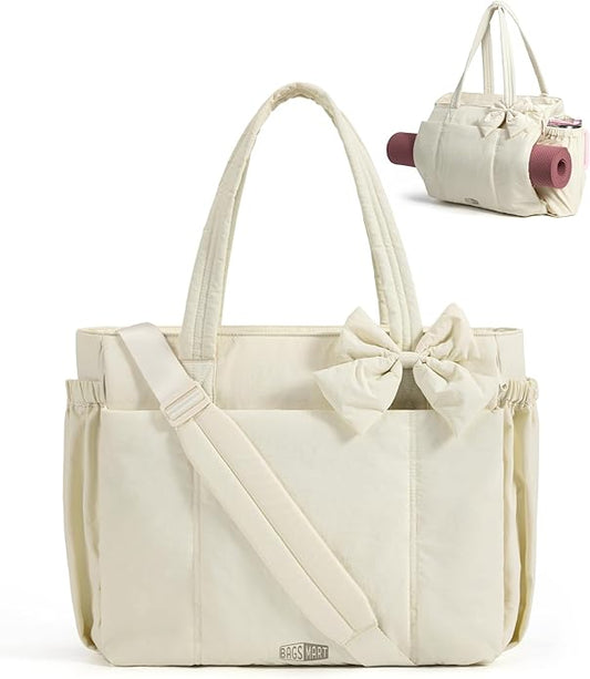 BAGSMART Crush Bow Tote Bag for Women, Puffer Travel Work Yoga Laptop Bag | Large Bow Tote Fits 40oz Tumbler, 15.6" Laptop, Yoga Mat Sleeve, Waterproof Pocket, Travel Work Swim Gym Mom Shoulder Handbag