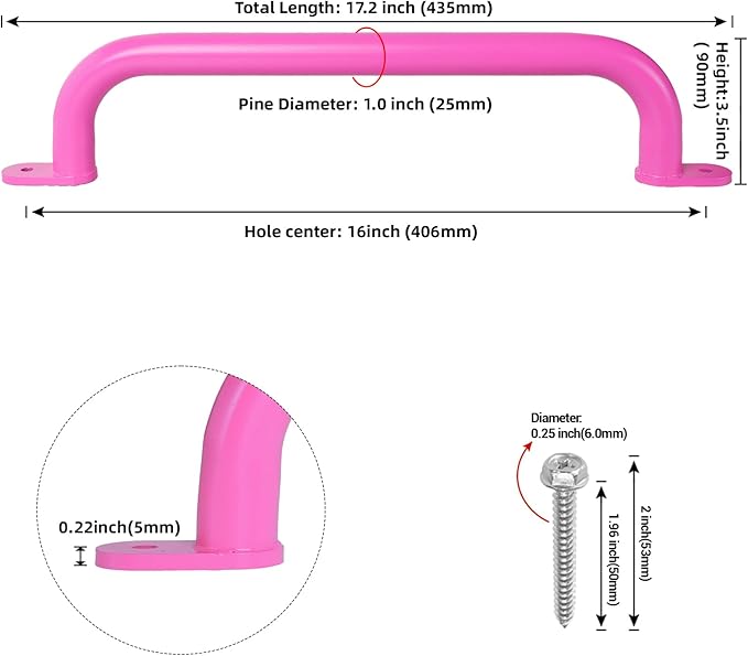ESPETS 17 Inch 6 Pieces Pink Metal Safety Handles for Playground Equipment - Swing Set Attachment Grab Handle, Playset Accessories Hand Grips, Indoor Kids Monkey Bars for Ceiling