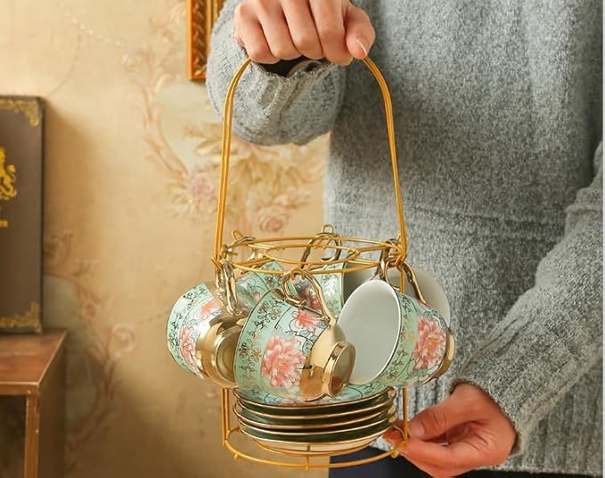 20 Pcs Porcelain Tea Set with Metal Holder, Adult Tea Set Gift, European Ceramic Tea Set for Adults, Enamel Flower Tea Cup Saucer Set for Party With Gold Flower Painting (Fresh Green)