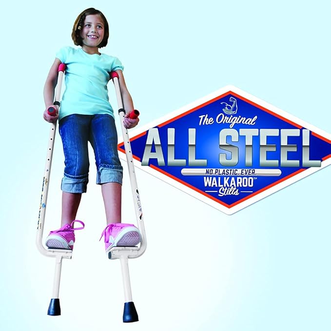 Geospace Adjustable Walkaroo Steel Stilts for Kids - Indoor/Outdoor Play, Exercise, Steel Stilts for Adults- Up to 220 lbs, Height Adjustable Walking Stilts, Kids Stilts -White
