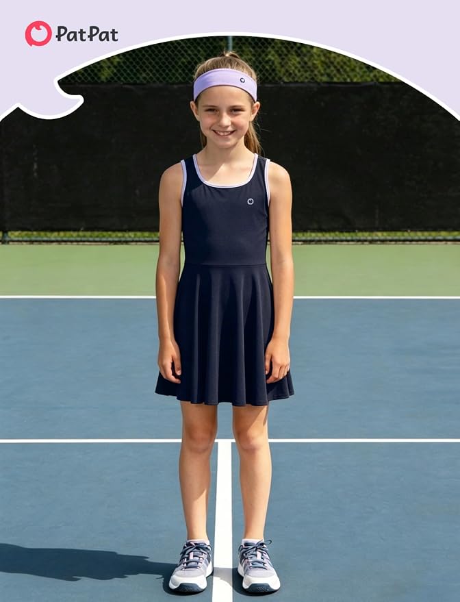 PATPAT Girls Athletic Dress Tennis Summer Outfit with Headband & Shorts | Quick-Dry RapidAir-C Fabric, Lightweight Breathable Golf Dress, Sweat-Wicking 2 Piece sets, Two Hidden Pockets
