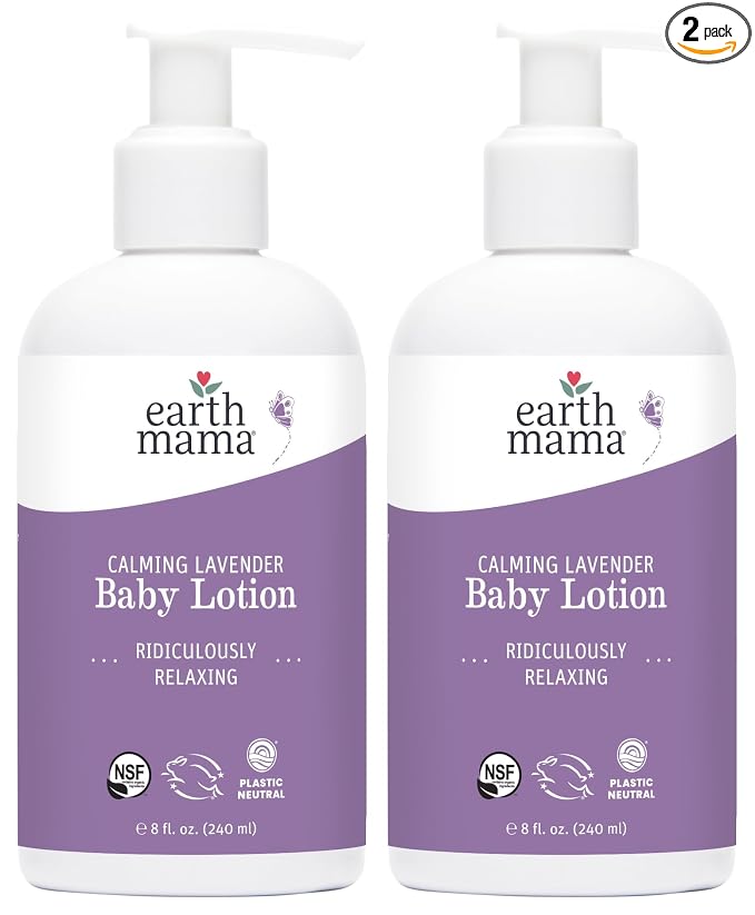 Earth Mama Calming Lavender Baby Lotion for Dry Skin, Calendula Cream for Newborn Skin Care, Children's Moisturizer, Aloe Juice, Rooibos, & Shea Butter, Lavender Lotion, 8 Fl Oz (2Pk)