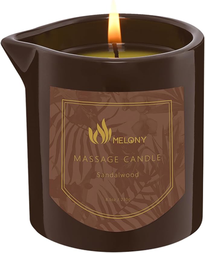 MELONY Massage Oil Candle for Pure Relaxation - 8.1 oz - Moisturizing Essential Oil Body Massage Candle for Home Spa- Amazing Gift for Women & Men (Sandalwood)