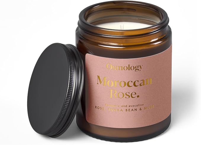 Osmology Moroccan Rose Aromatherapy Candle – Rose, Tonka Bean & Musk Scented Candle, Plant-Based Wax in Amber Apothecary Jar, 7 oz, 50 Hour Burn Time, Floral & Musky Candle
