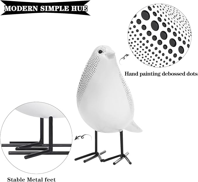Quoowiit Bird Figurine, Modern Sculpture and Statues for Home Decor, Animal Statues for Bookshelf, Table, Entryway, Fireplace, Resin Decorative Sculpture with Chic Polka Dots Art Design (White)
