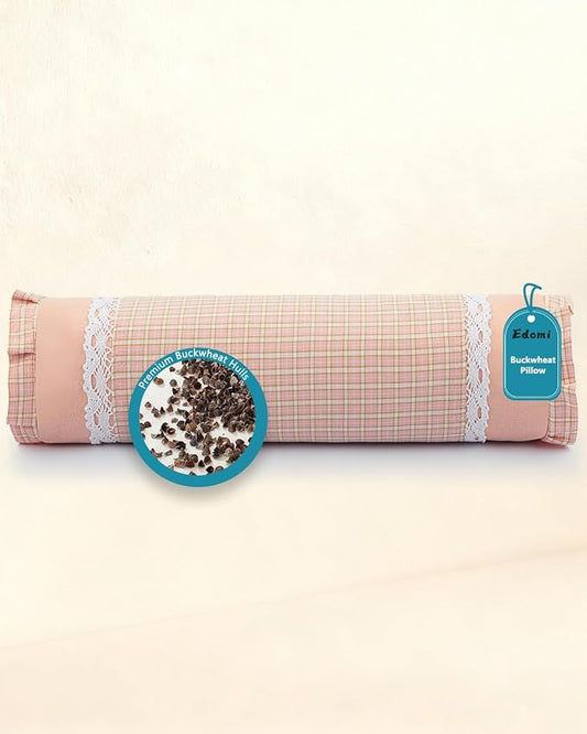 Buckwheat Cylinder Neck Pillow,15.7"x4.7" Adjustable Hull Filling for Firm Support, Checkered Pattern Ergonomic Roll Pillow, Ergonomic Bolster Removable Washable Cover, Pink